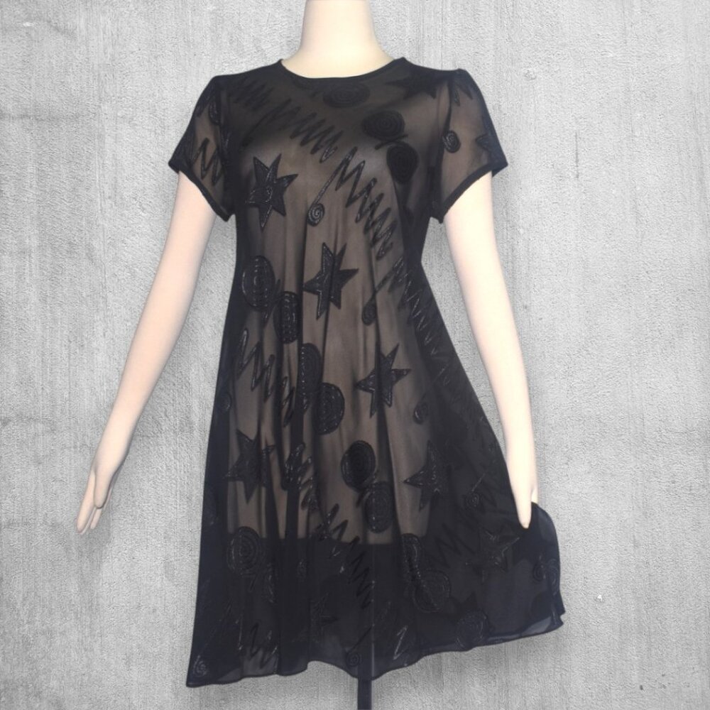 Vintage Sheer Black Mini Dress Satin Embellished Shapes Cocktail Party L